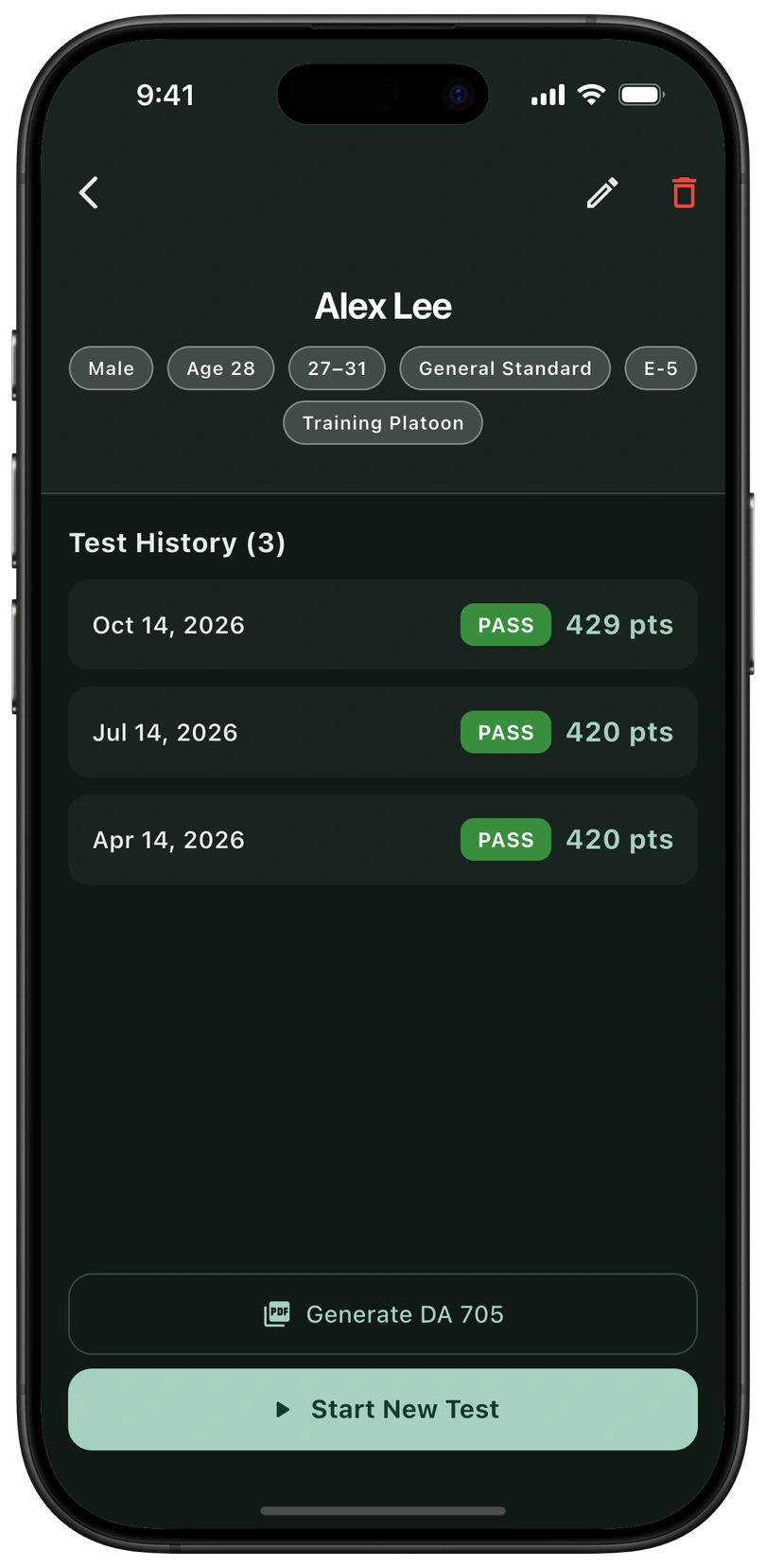AFT Ready iPhone dark mode showing saved test history