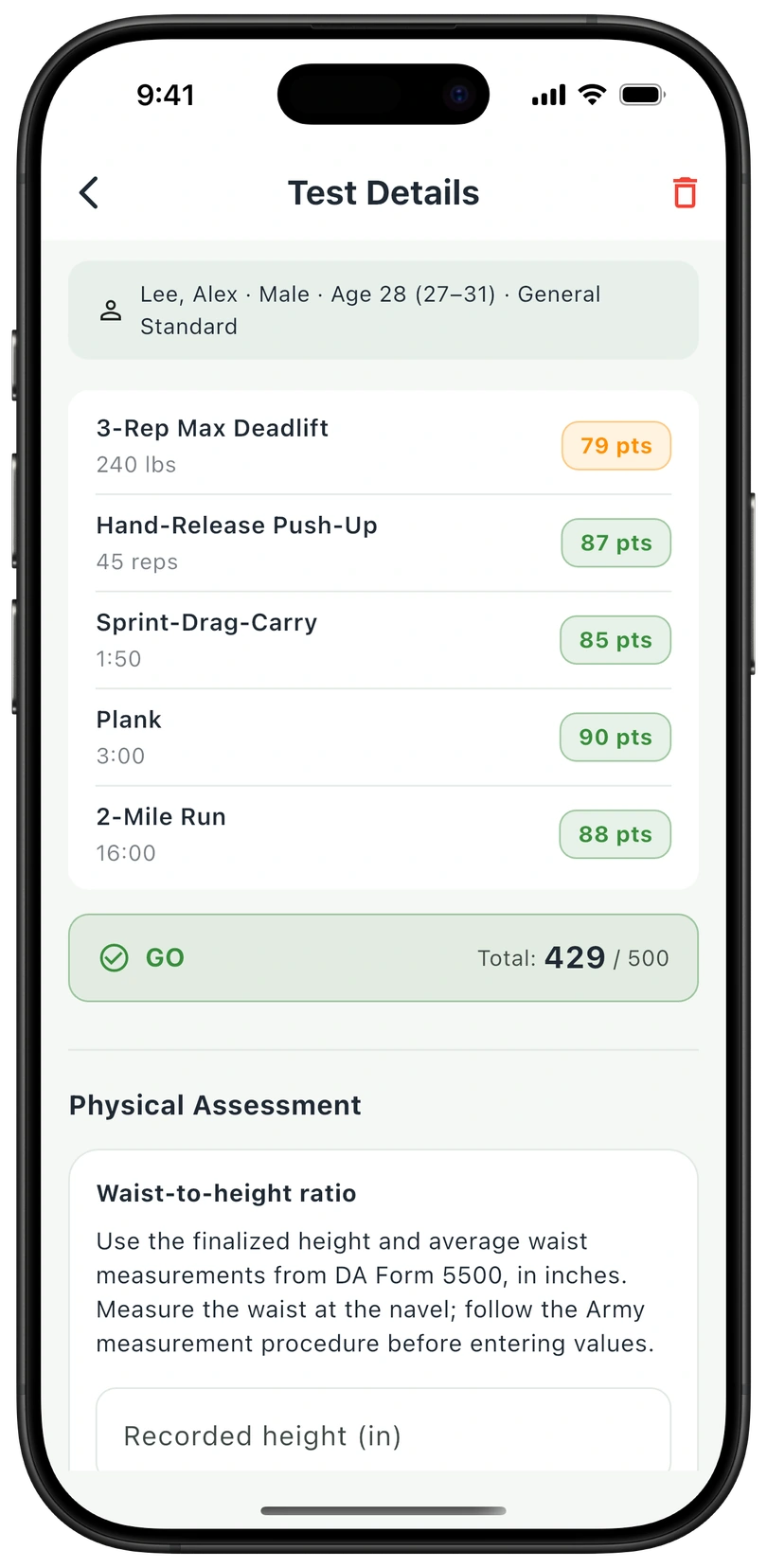 AFT Ready on iPhone showing five event scores and a total of 429 out of 500 points