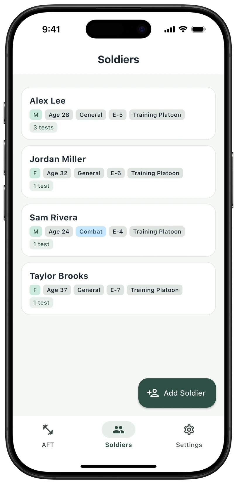 AFT Ready iPhone roster with four fictional soldier profiles