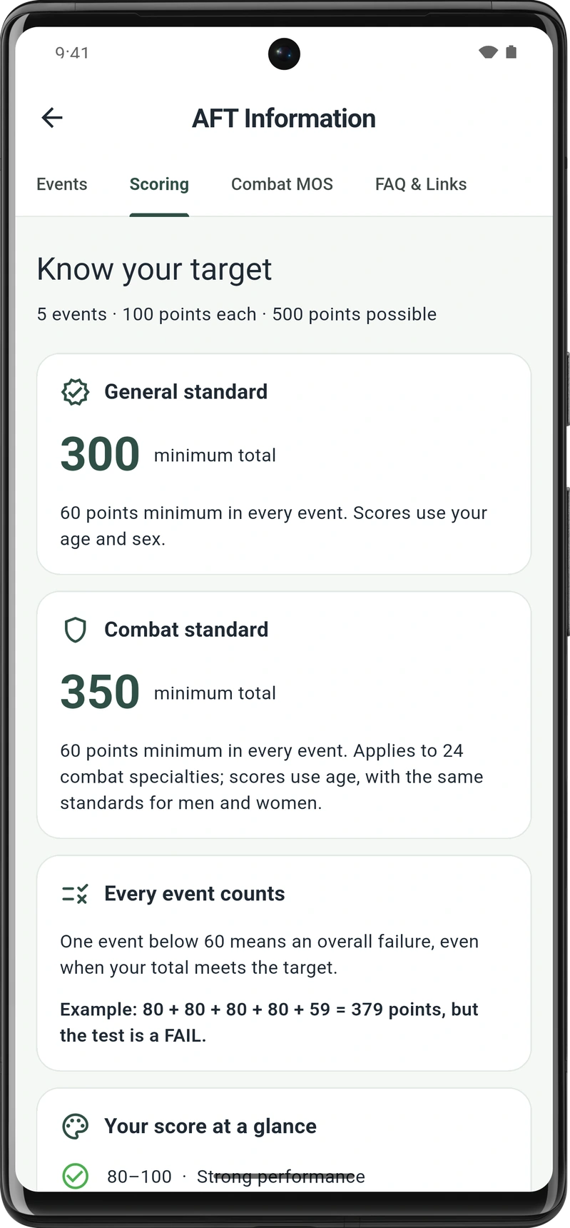 AFT Ready on Android explaining general and combat scoring standards